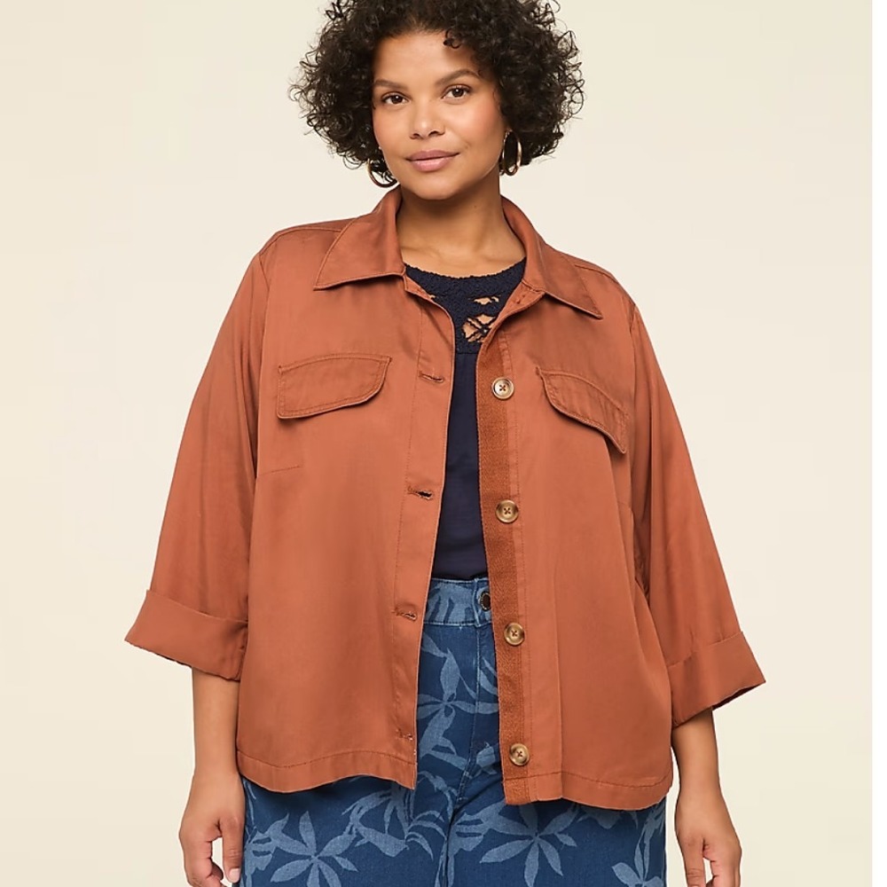 Lane Bryant Button Down Utility Shirt Jacket Brown Lyocell 20W PLUS